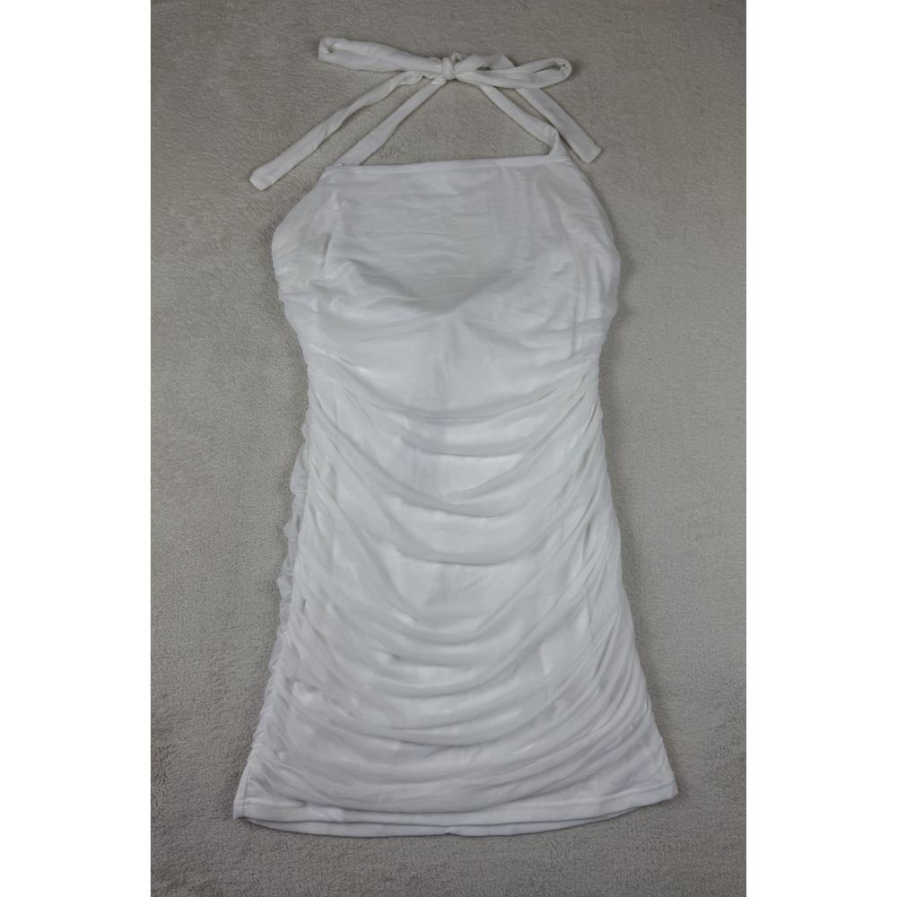 Zattcas White Halter Mini Dress XL Ruched‎ Bodycon Mesh Overlay Party Club NWT